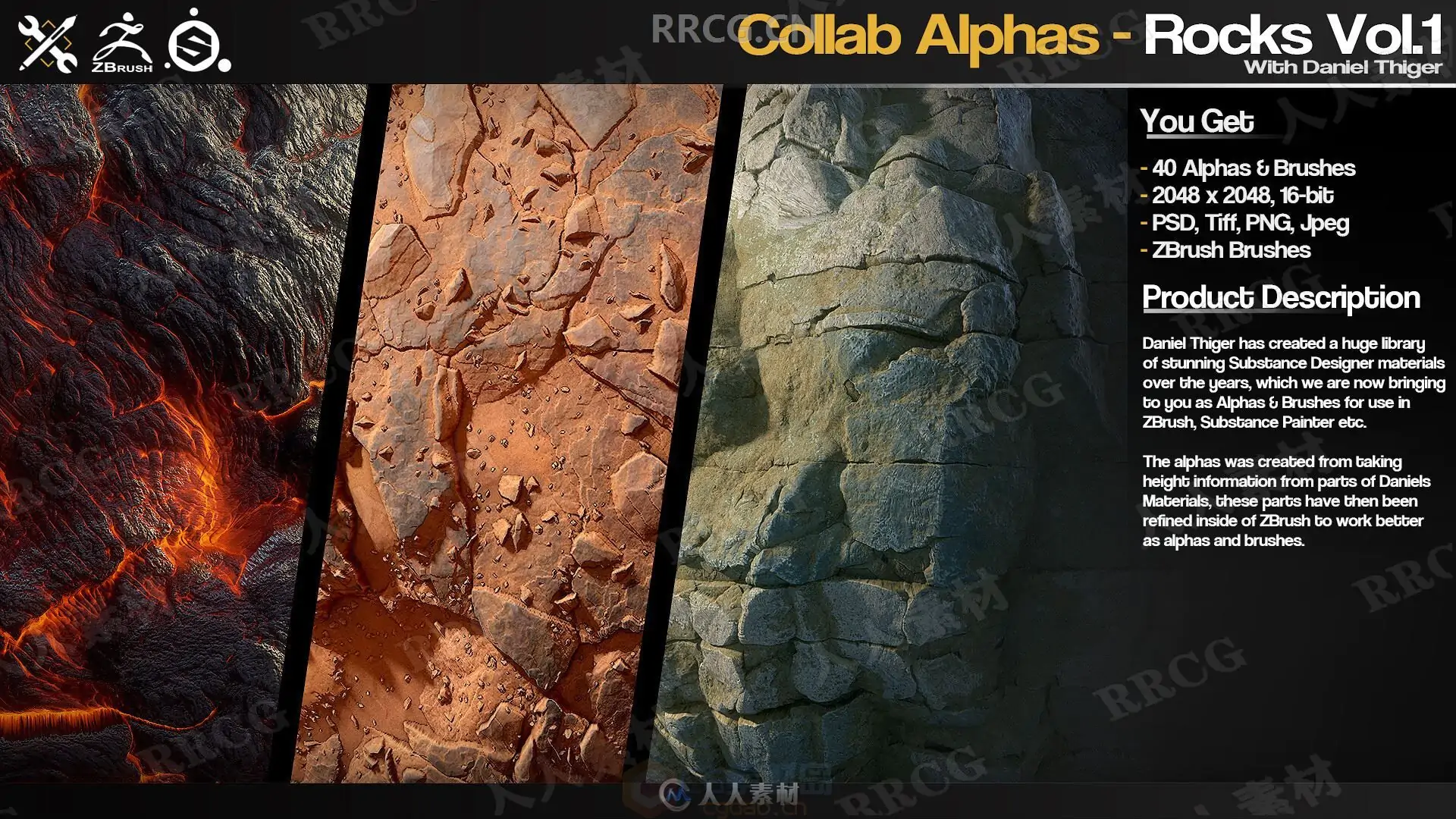 40组2K高清岩石裂痕碎片ZBrush Alphas画笔与材质合集