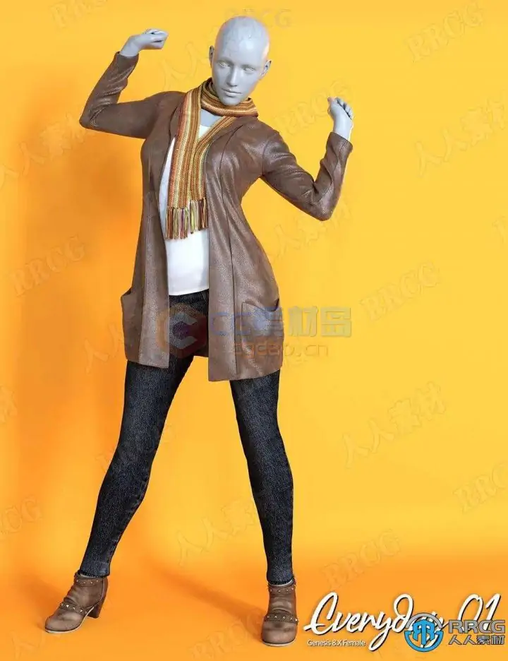女性秋冬针织衫牛仔裤服饰套装3D模型合集 -1