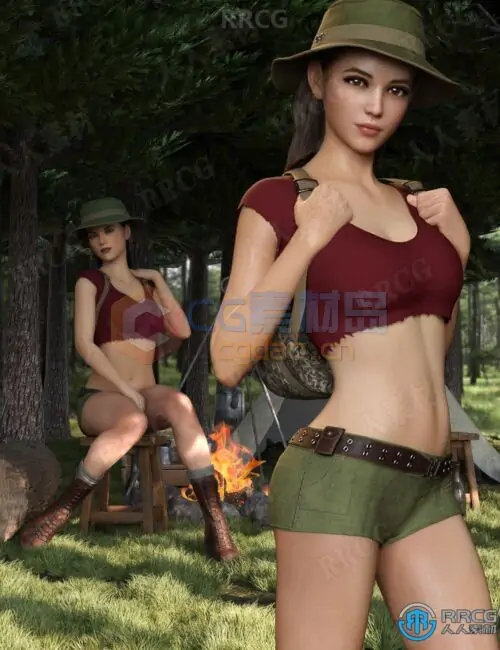 丛林女孩夏季室外露营装扮服饰套装3D模型合集